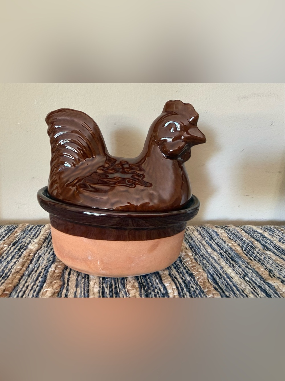 Vintage Terracotta Clay and Brown Drip Glaze Ceramic Hen On Nest